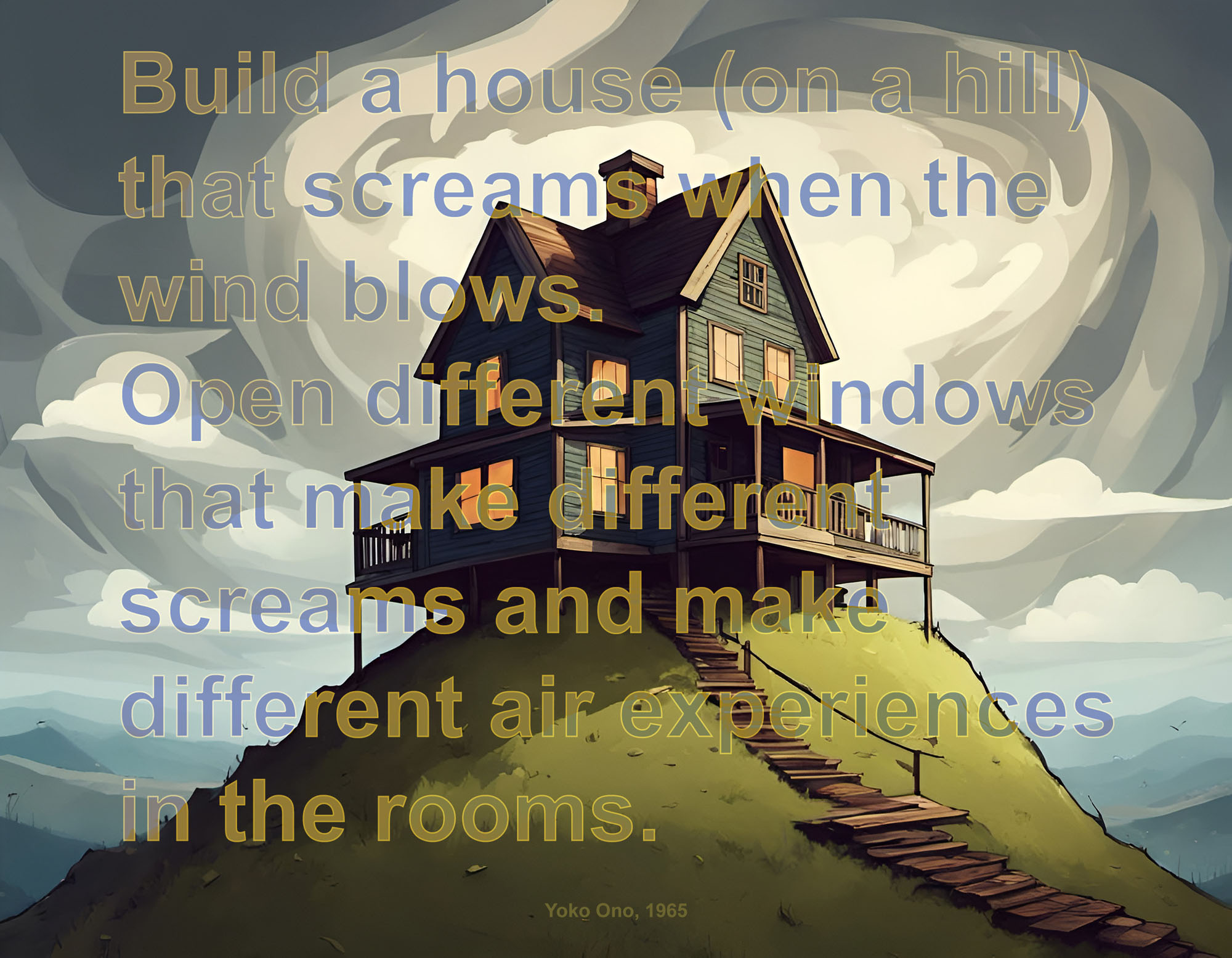 This AI generated image has a dark green house balanced on a hilltop, with grey and olive text in front.